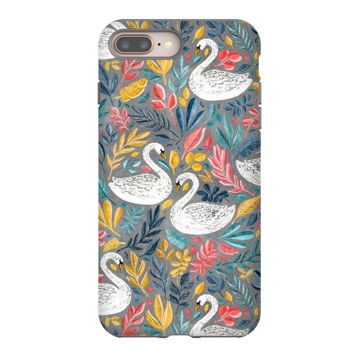 iPhone 8 plus StrongFit Whimsical White Swans with Lots of Leaves on Grey by Micklyn Le Feuvre