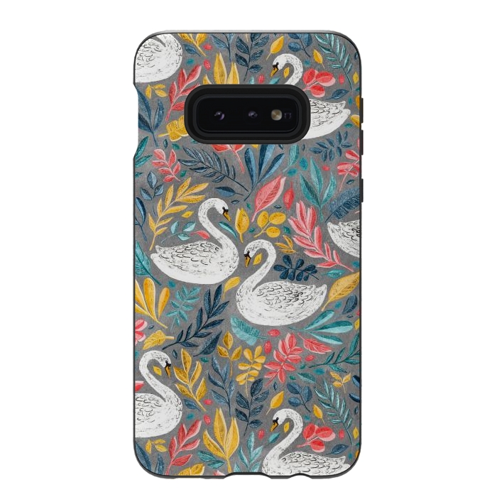 Galaxy S10e StrongFit Whimsical White Swans with Lots of Leaves on Grey by Micklyn Le Feuvre
