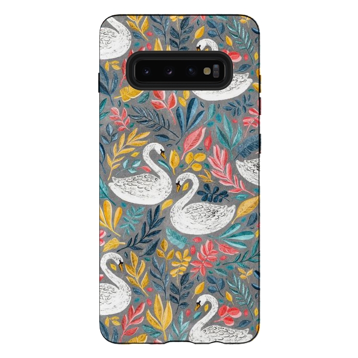 Galaxy S10 plus StrongFit Whimsical White Swans with Lots of Leaves on Grey by Micklyn Le Feuvre