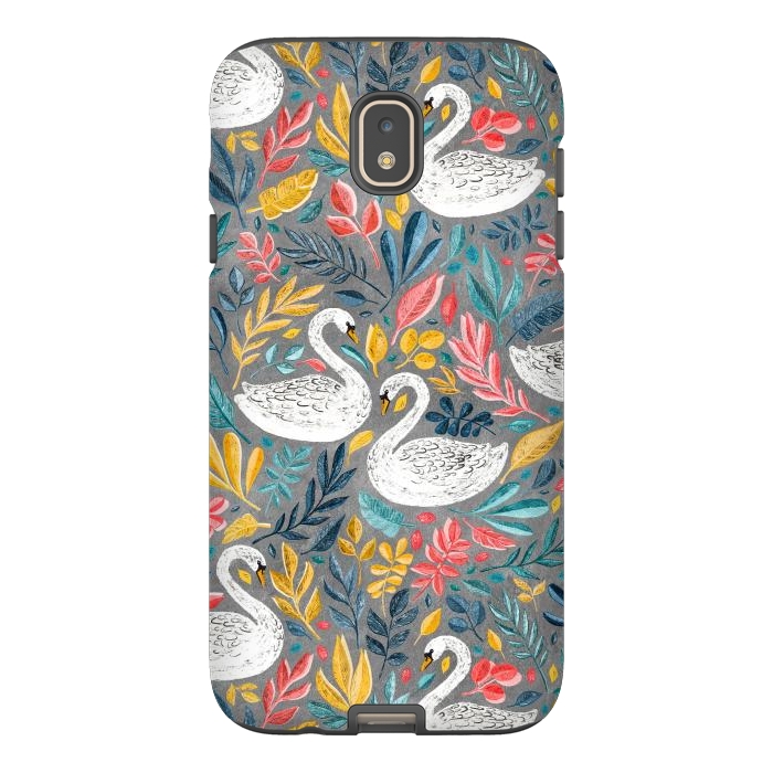 Galaxy J7 StrongFit Whimsical White Swans with Lots of Leaves on Grey by Micklyn Le Feuvre