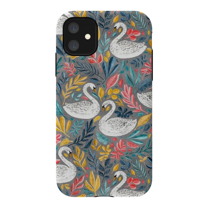 iPhone 11 StrongFit Whimsical White Swans with Lots of Leaves on Grey by Micklyn Le Feuvre