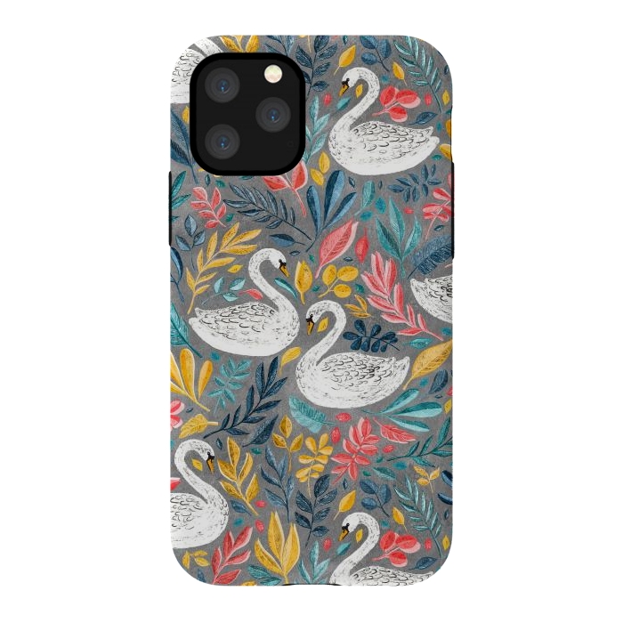 iPhone 11 Pro StrongFit Whimsical White Swans with Lots of Leaves on Grey by Micklyn Le Feuvre