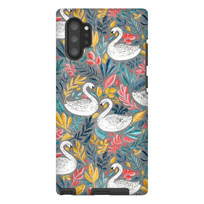Galaxy Note 10 plus StrongFit Whimsical White Swans with Lots of Leaves on Grey by Micklyn Le Feuvre