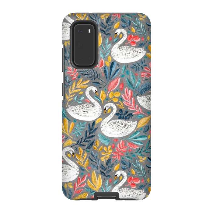 Galaxy S20 StrongFit Whimsical White Swans with Lots of Leaves on Grey by Micklyn Le Feuvre