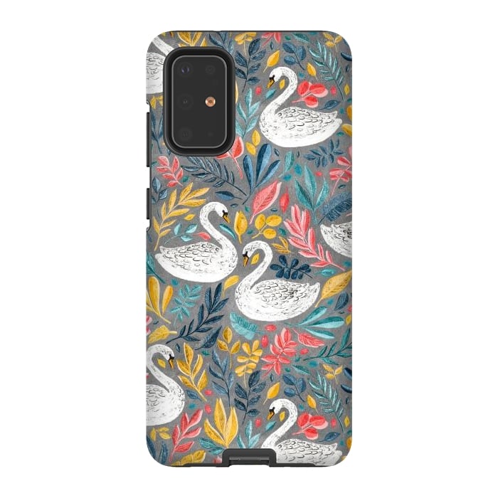 Galaxy S20 Plus StrongFit Whimsical White Swans with Lots of Leaves on Grey by Micklyn Le Feuvre