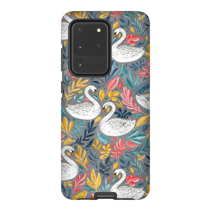 Galaxy S20 Ultra StrongFit Whimsical White Swans with Lots of Leaves on Grey by Micklyn Le Feuvre