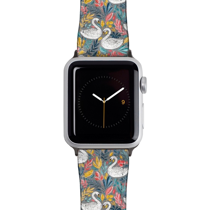 Watch 38mm / 40mm Strap PU leather Whimsical White Swans with Lots of Leaves on Grey by Micklyn Le Feuvre