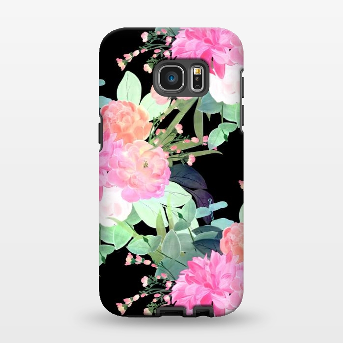Galaxy S7 EDGE StrongFit Trendy Pink & Black Flowers Watercolor Design by InovArts