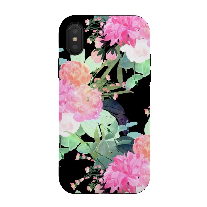 iPhone Xs / X StrongFit Trendy Pink & Black Flowers Watercolor Design by InovArts