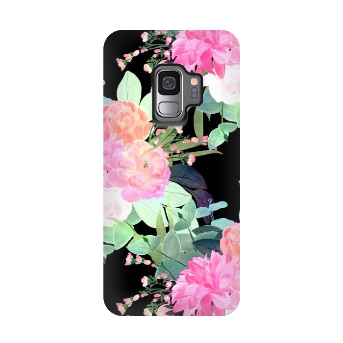 Galaxy S9 StrongFit Trendy Pink & Black Flowers Watercolor Design by InovArts