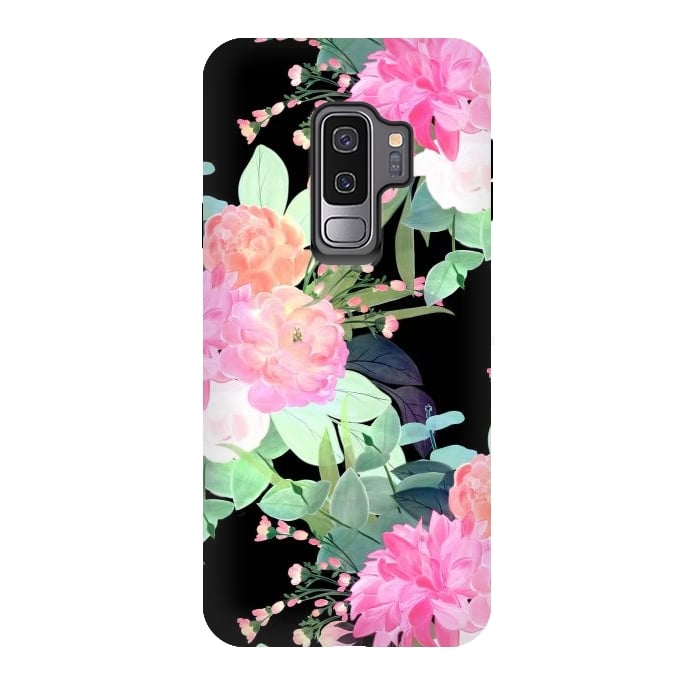 Galaxy S9 plus StrongFit Trendy Pink & Black Flowers Watercolor Design by InovArts