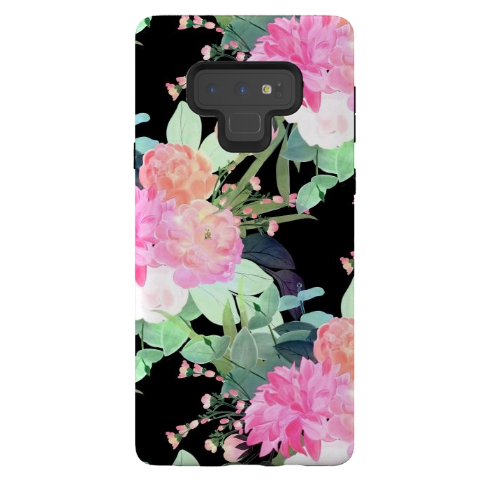 Galaxy Note 9 StrongFit Trendy Pink & Black Flowers Watercolor Design by InovArts