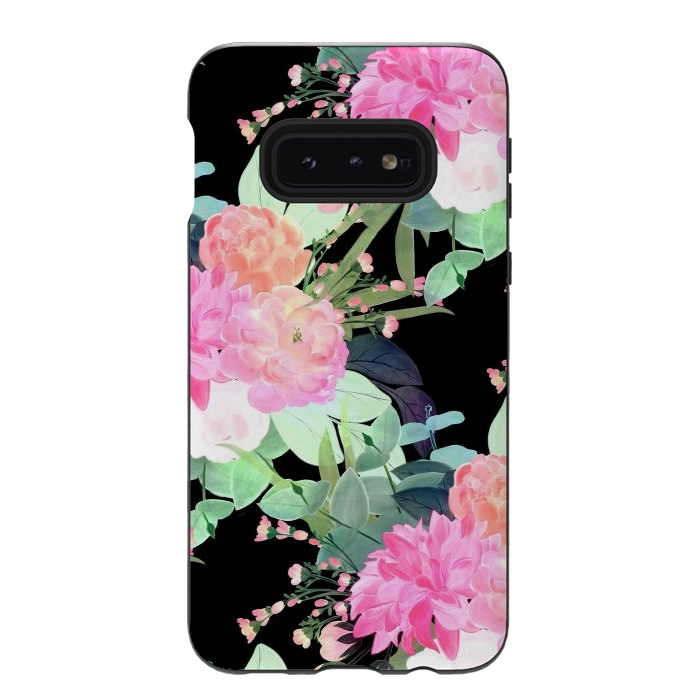 Galaxy S10e StrongFit Trendy Pink & Black Flowers Watercolor Design by InovArts