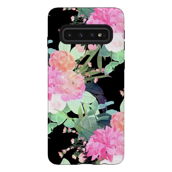 Galaxy S10 StrongFit Trendy Pink & Black Flowers Watercolor Design by InovArts