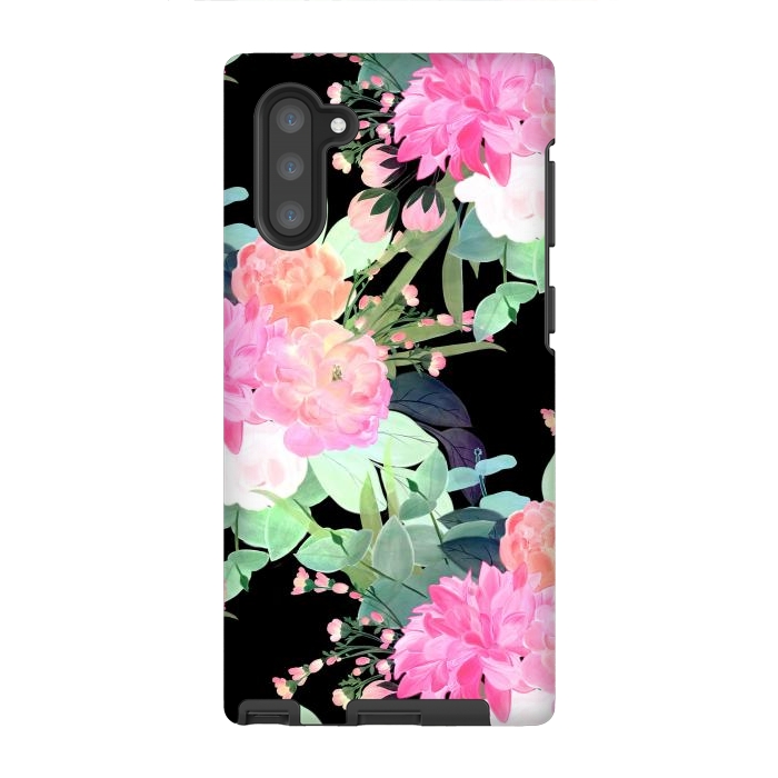 Galaxy Note 10 StrongFit Trendy Pink & Black Flowers Watercolor Design by InovArts
