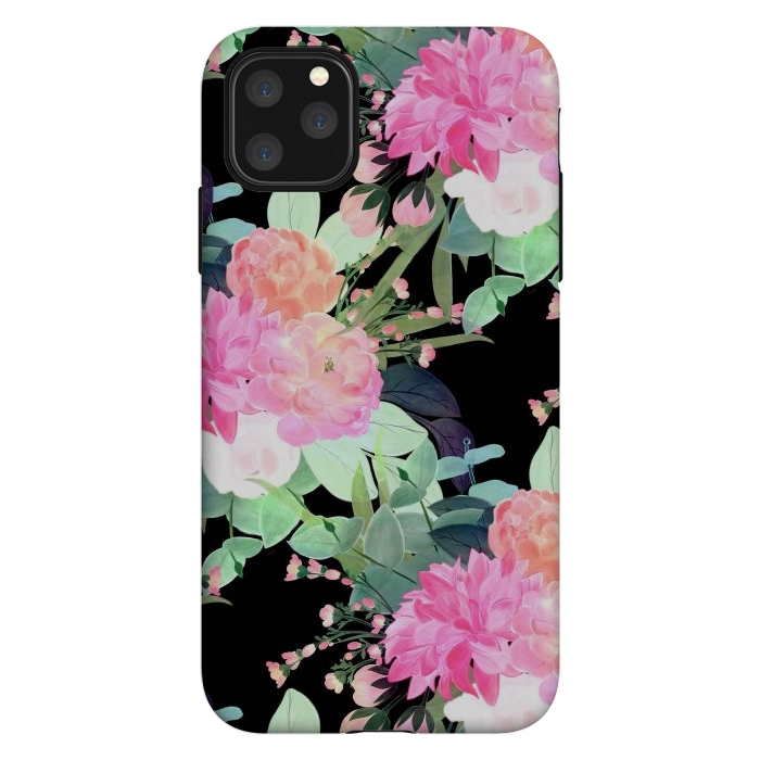 iPhone 11 Pro Max StrongFit Trendy Pink & Black Flowers Watercolor Design by InovArts