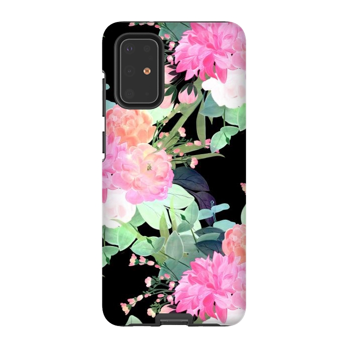 Galaxy S20 Plus StrongFit Trendy Pink & Black Flowers Watercolor Design by InovArts