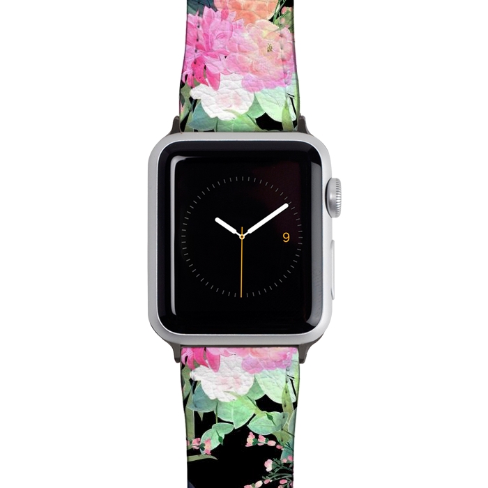 Watch 38mm / 40mm Strap PU leather Trendy Pink & Black Flowers Watercolor Design by InovArts