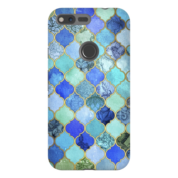 Pixel XL StrongFit Cobalt Blue Aqua and Gold Decorative Moroccan Tile Pattern by Micklyn Le Feuvre