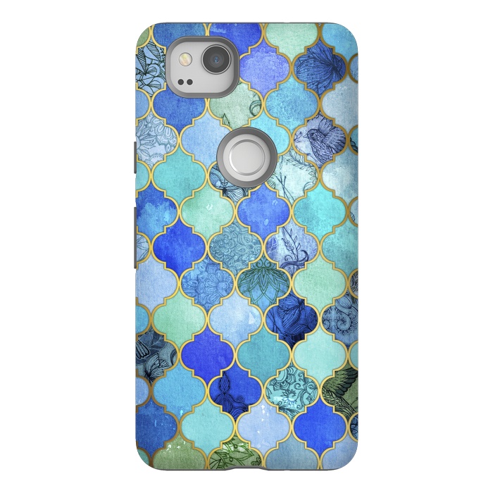 Pixel 2 StrongFit Cobalt Blue Aqua and Gold Decorative Moroccan Tile Pattern by Micklyn Le Feuvre