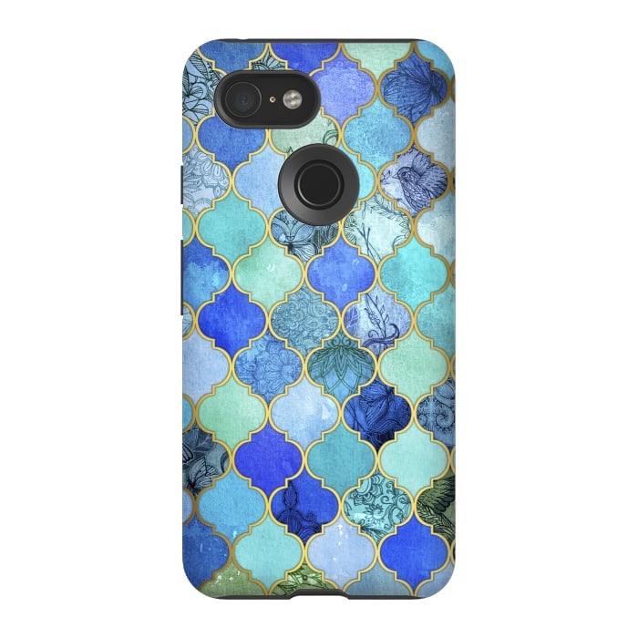 Pixel 3 StrongFit Cobalt Blue Aqua and Gold Decorative Moroccan Tile Pattern by Micklyn Le Feuvre