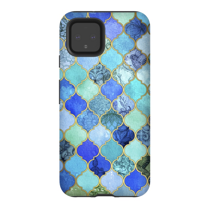 Pixel 4 StrongFit Cobalt Blue Aqua and Gold Decorative Moroccan Tile Pattern by Micklyn Le Feuvre