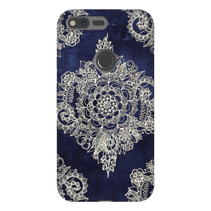 Pixel XL StrongFit Cream Floral Moroccan Pattern on Deep Indigo Ink by Micklyn Le Feuvre