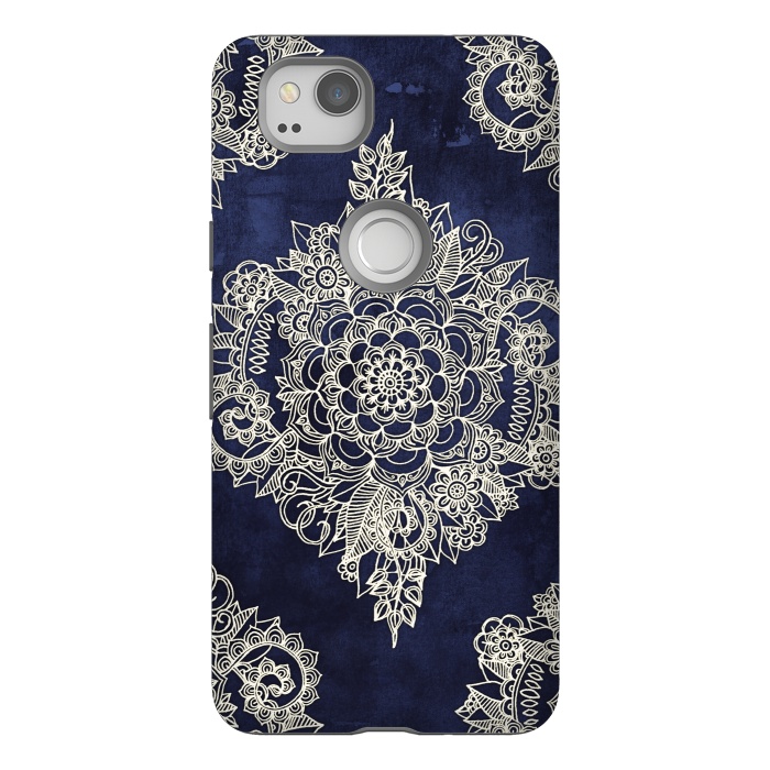 Pixel 2 StrongFit Cream Floral Moroccan Pattern on Deep Indigo Ink by Micklyn Le Feuvre
