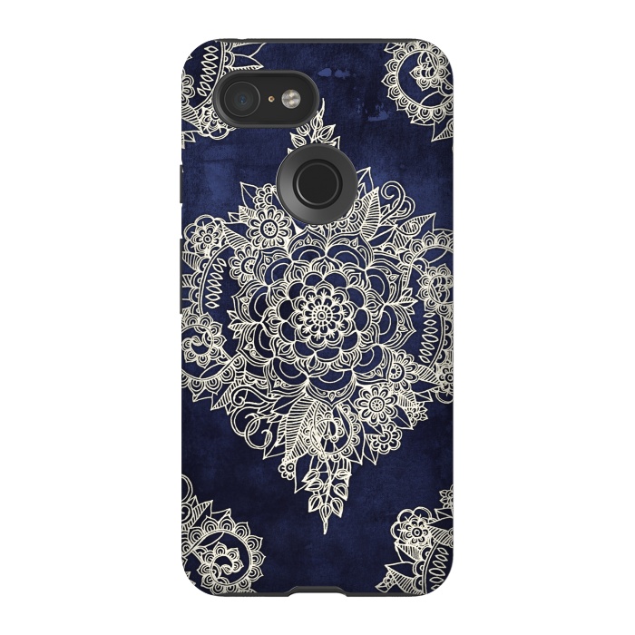 Pixel 3 StrongFit Cream Floral Moroccan Pattern on Deep Indigo Ink by Micklyn Le Feuvre