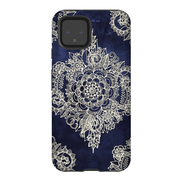 Pixel 4 StrongFit Cream Floral Moroccan Pattern on Deep Indigo Ink by Micklyn Le Feuvre