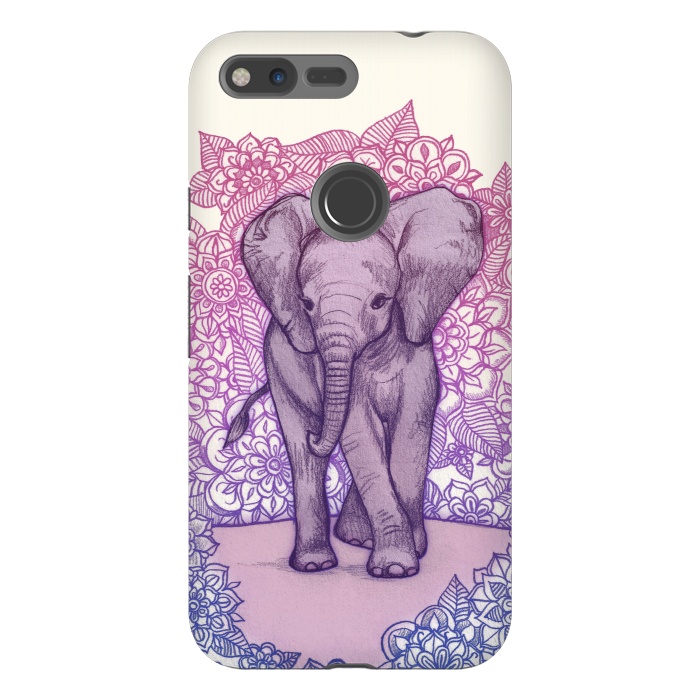 Pixel XL StrongFit Cute Baby Elephant in pink purple and blue by Micklyn Le Feuvre
