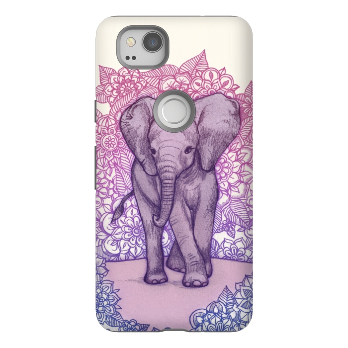 Pixel 2 StrongFit Cute Baby Elephant in pink purple and blue by Micklyn Le Feuvre