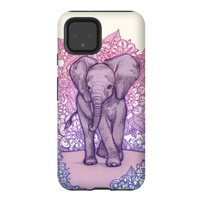 Pixel 4 StrongFit Cute Baby Elephant in pink purple and blue by Micklyn Le Feuvre