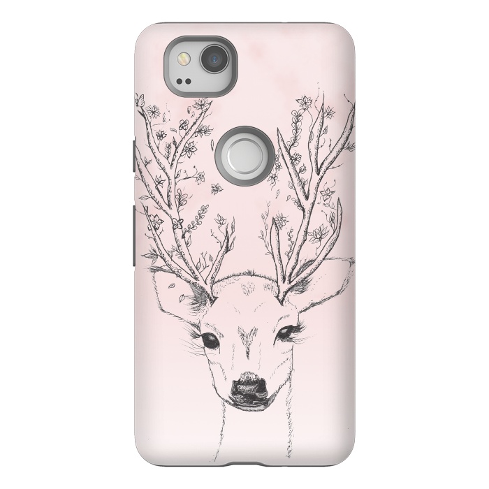 Pixel 2 StrongFit Cute Handdrawn Floral Deer Antlers Pink by Girly Trend