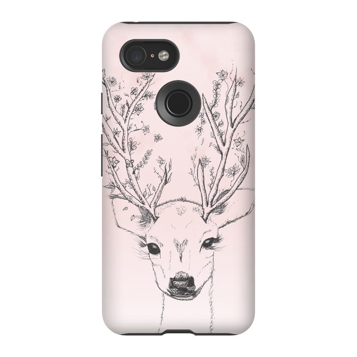 Pixel 3 StrongFit Cute Handdrawn Floral Deer Antlers Pink by Girly Trend