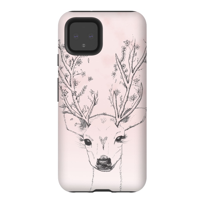 Pixel 4 StrongFit Cute Handdrawn Floral Deer Antlers Pink by Girly Trend
