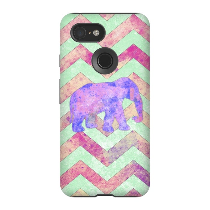 Pixel 3 StrongFit Elephant Mint Green Chevron Pink Watercolor by Girly Trend