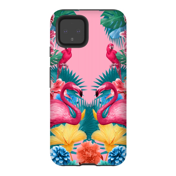 Pixel 4 StrongFit Flamingo and Tropical garden by Burcu Korkmazyurek
