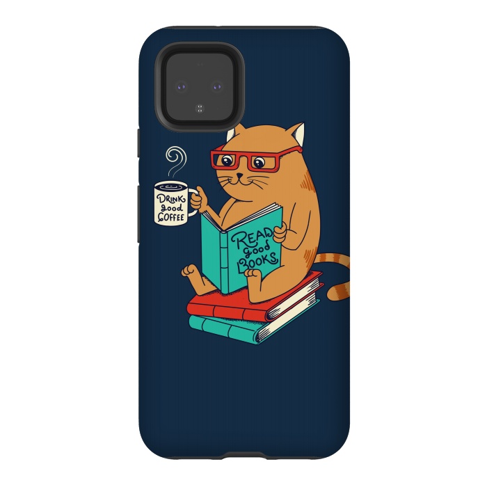 Pixel 4 StrongFit Cat drink good coffee read good books by Coffee Man