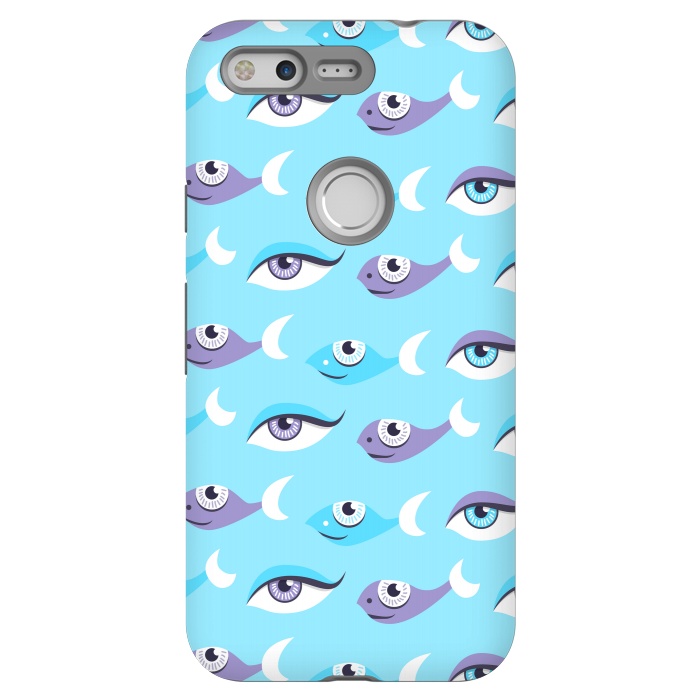 Pixel StrongFit Pattern of purple and blue eyes and fish in sea by Boriana Giormova