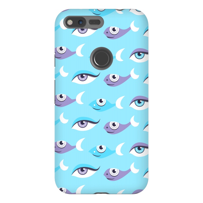 Pixel XL StrongFit Pattern of purple and blue eyes and fish in sea by Boriana Giormova