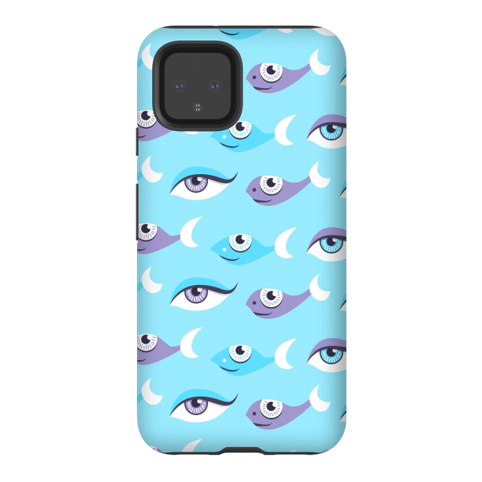 Pixel 4 StrongFit Pattern of purple and blue eyes and fish in sea by Boriana Giormova