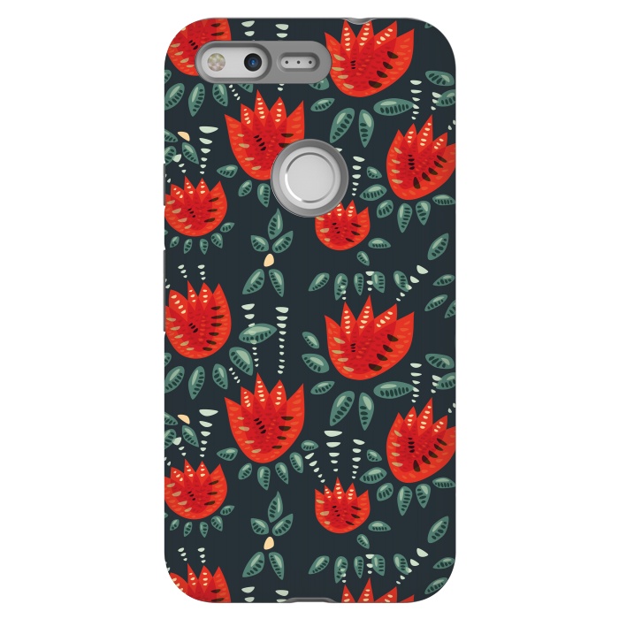 Pixel StrongFit Red Tulips Dark Floral Pattern by Boriana Giormova