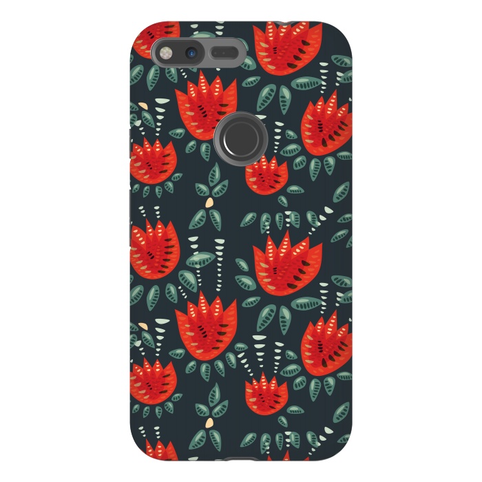 Pixel XL StrongFit Red Tulips Dark Floral Pattern by Boriana Giormova