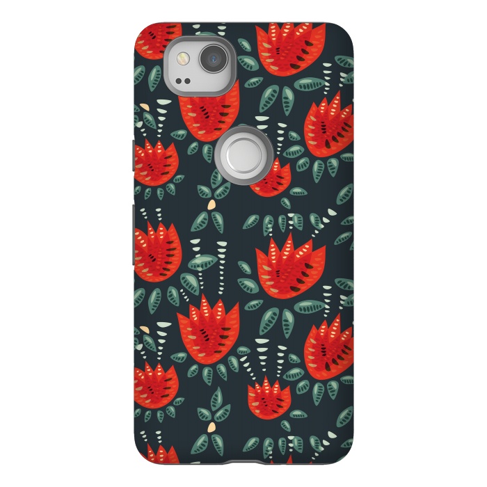 Pixel 2 StrongFit Red Tulips Dark Floral Pattern by Boriana Giormova