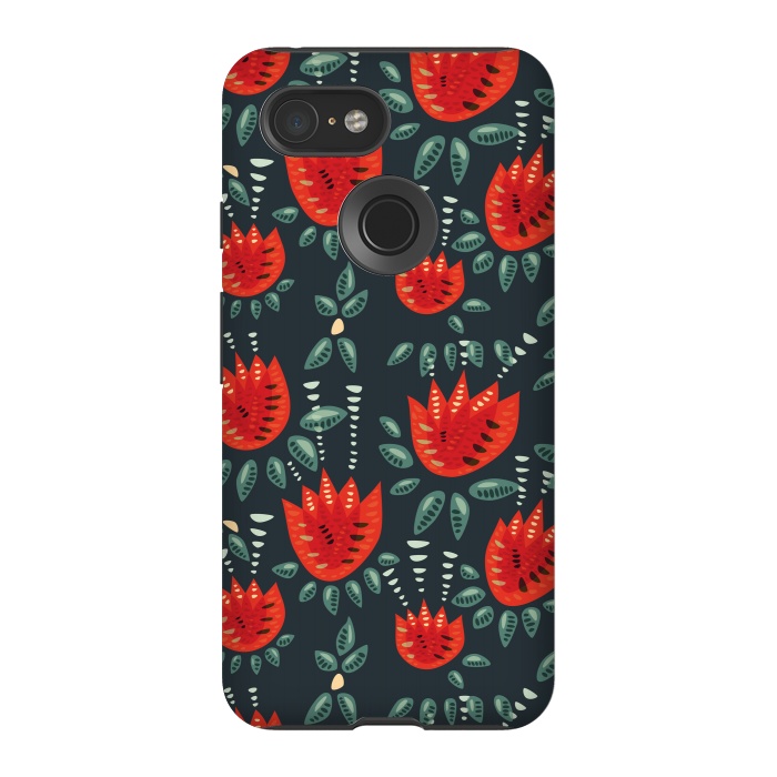 Pixel 3 StrongFit Red Tulips Dark Floral Pattern by Boriana Giormova