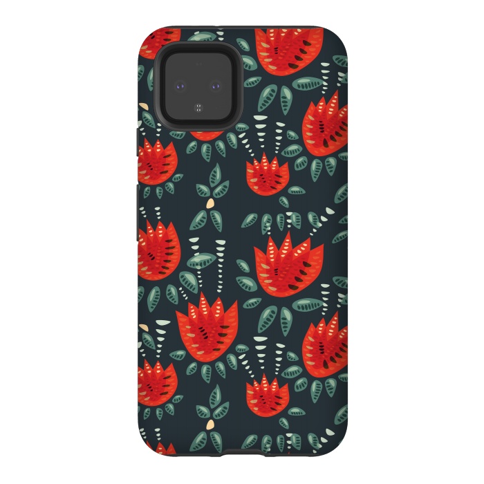 Pixel 4 StrongFit Red Tulips Dark Floral Pattern by Boriana Giormova