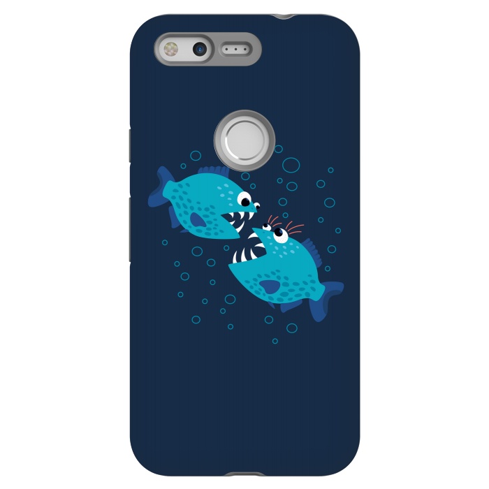 Pixel StrongFit Gossiping Blue Cartoon Piranha Fish by Boriana Giormova