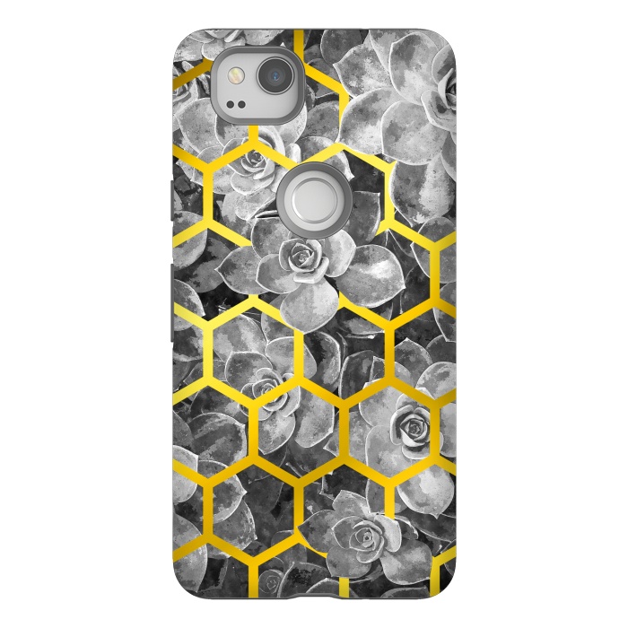 Pixel 2 StrongFit Black and White Succulent Gold Geometric by Alemi
