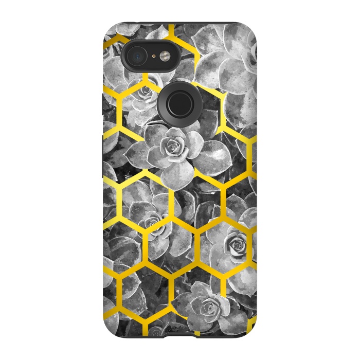 Pixel 3 StrongFit Black and White Succulent Gold Geometric by Alemi